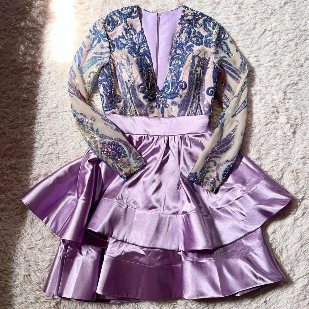 Lavender Long Sleeve Glam Sequined Sparkling Cocktail Formal Tiered Prom Dress